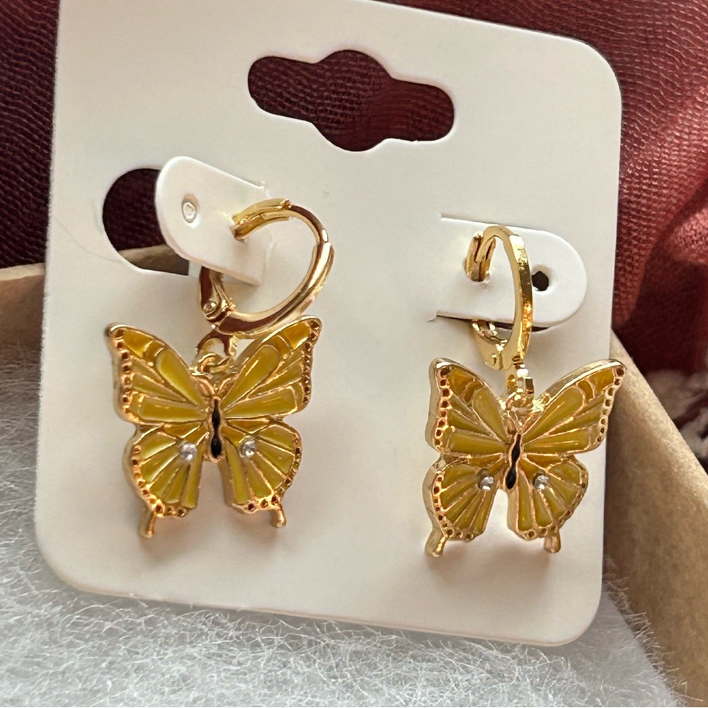 Gold‎ and Yellow Butterfly Earrings - 18k gold plated huggie hoops